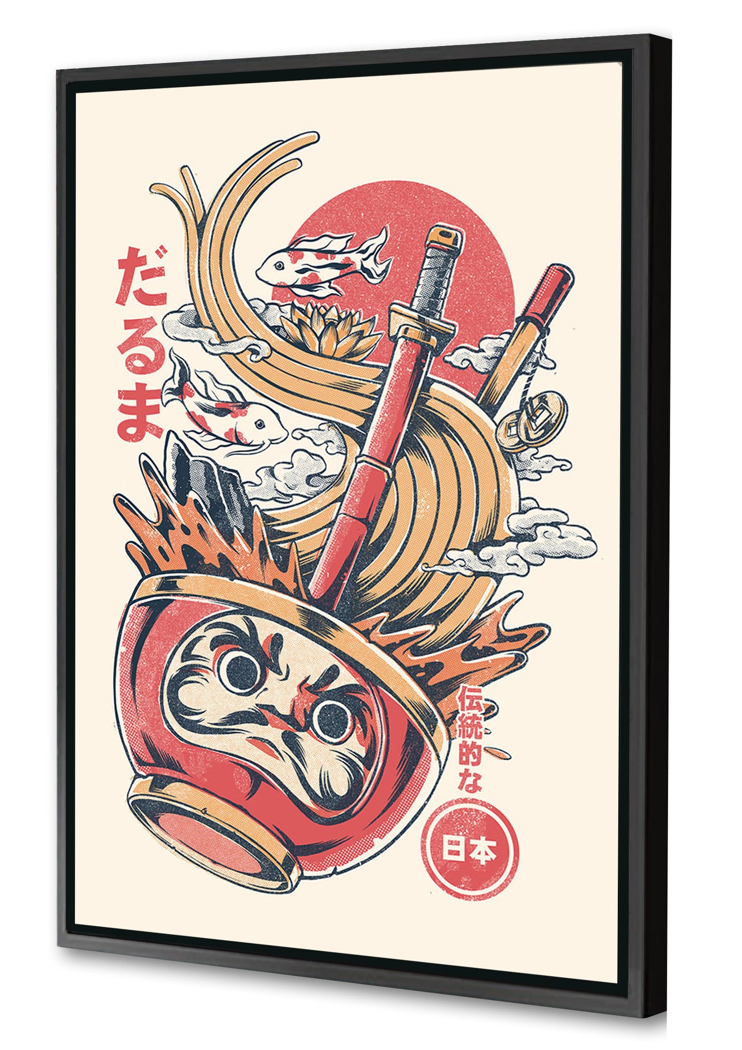 Daruma’s Ramen – Creme-illustrata, print-Canvas Print with Box Frame-40 x 60 cm-BLUE SHAKER