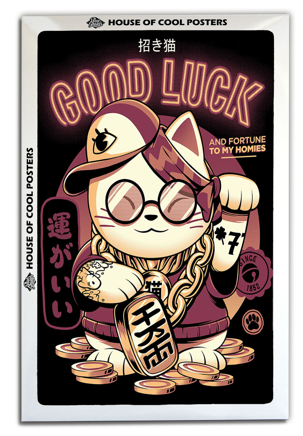 Lucky Cat – Black-illustrata, print-BLUE SHAKER
