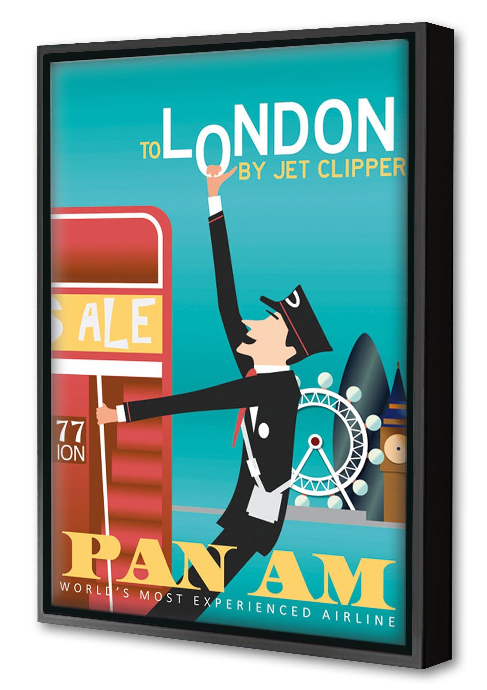 London PAN AM-airlines, print-Canvas Print with Box Frame-40 x 60 cm-BLUE SHAKER