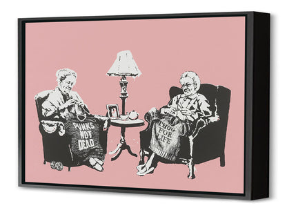 Grannies-banksy, print-Canvas Print with Box Frame-40 x 60 cm-BLUE SHAKER