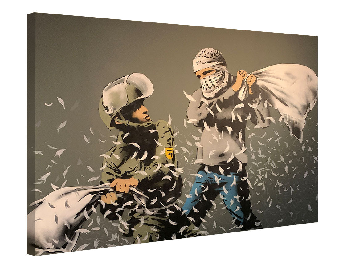 Israeli & Palestinian Pillow Fight-banksy, print-Canvas Print - 20 mm Frame-50 x 75 cm-BLUE SHAKER