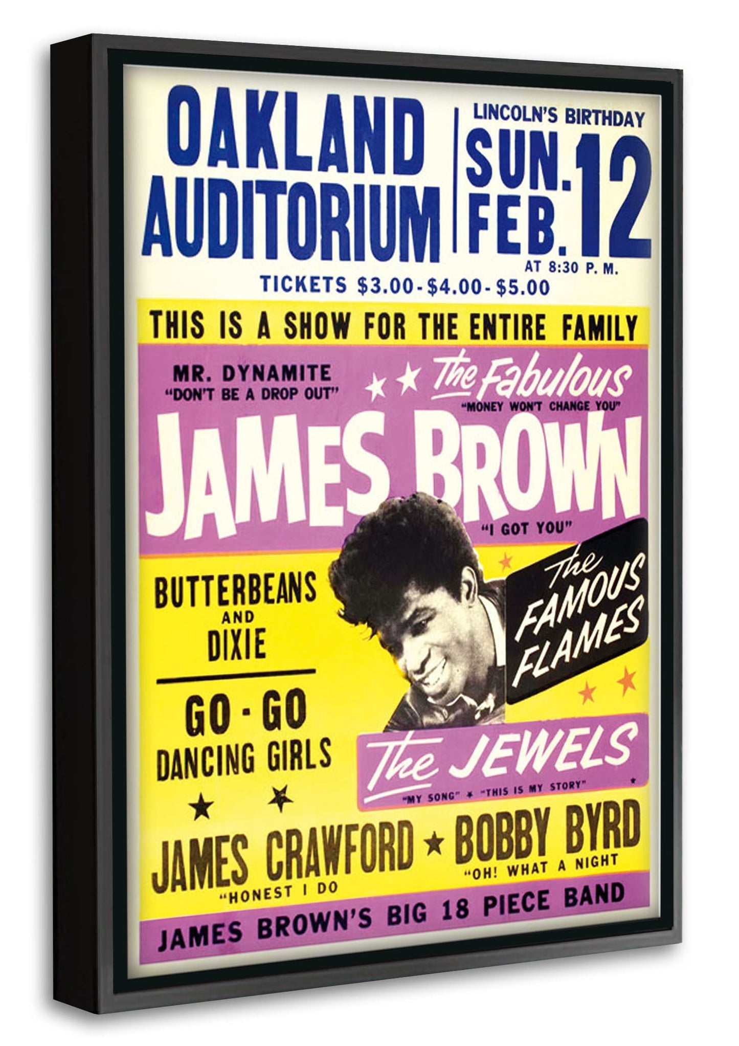 James Brown Oakland Auditorium-concerts, print-Canvas Print with Box Frame-40 x 60 cm-BLUE SHAKER
