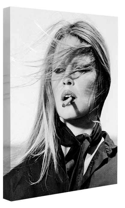 Brigitte Bardot Windy-bw-portrait, print-Canvas Print - 20 mm Frame-50 x 75 cm-BLUE SHAKER