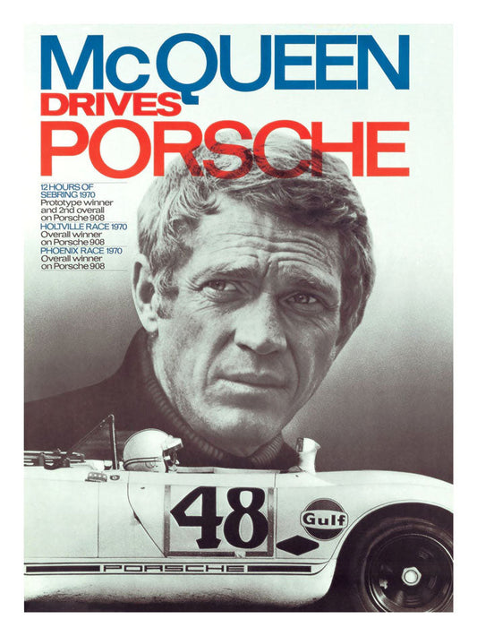 Steve Mc Queen - Drives Porsche-bw-portrait, print-Print-30 x 40 cm-BLUE SHAKER