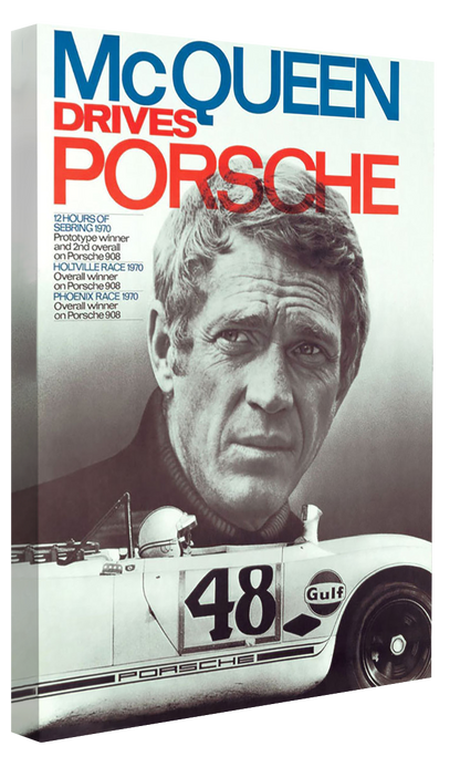Steve Mc Queen - Drives Porsche-bw-portrait, print-Canvas Print - 20 mm Frame-50 x 75 cm-BLUE SHAKER