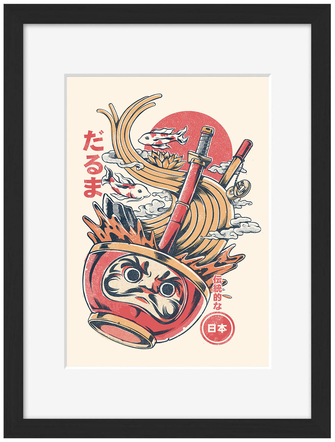 Daruma’s Ramen – Creme-illustrata, print-Framed Print-30 x 40 cm-BLUE SHAKER