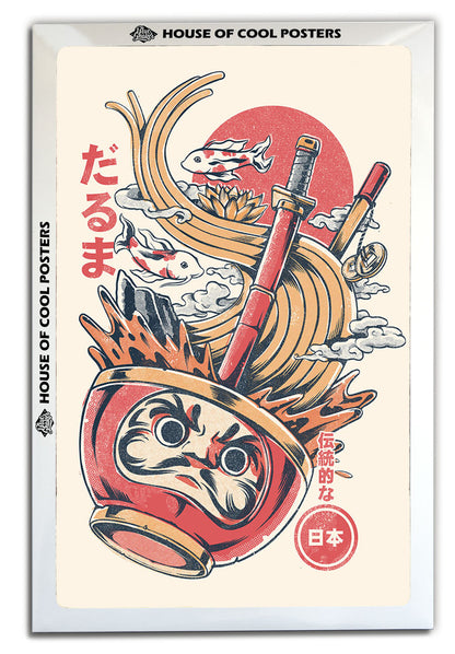 Daruma’s Ramen – Creme-illustrata, print-BLUE SHAKER