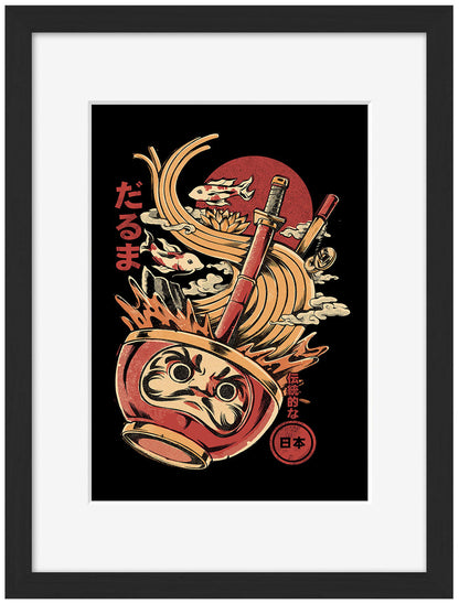 Daruma’s Ramen - Black-illustrata, print-Framed Print-30 x 40 cm-BLUE SHAKER