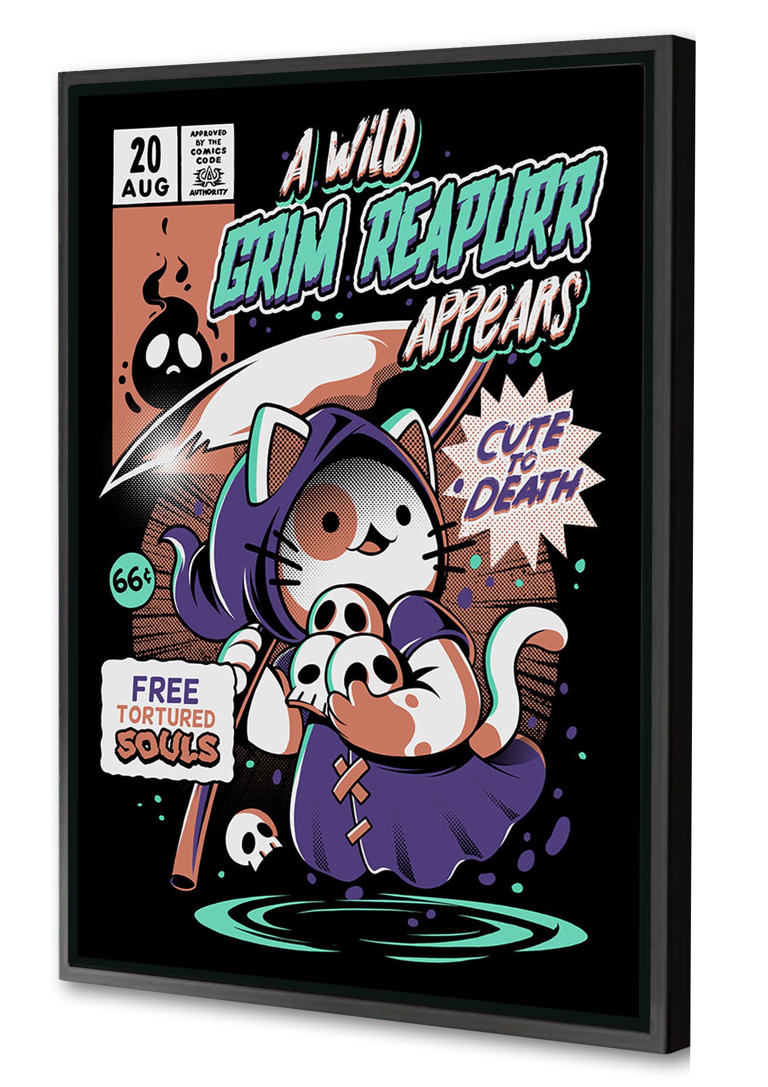 Grim Reapurr – Black-illustrata, print-Canvas Print with Box Frame-40 x 60 cm-BLUE SHAKER