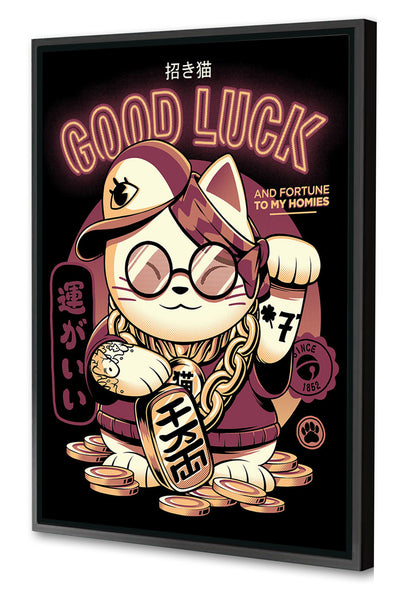 Lucky Cat – Black-illustrata, print-Canvas Print with Box Frame-40 x 60 cm-BLUE SHAKER