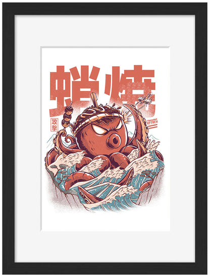 Takyaky Attack – White-illustrata, print-Framed Print-30 x 40 cm-BLUE SHAKER