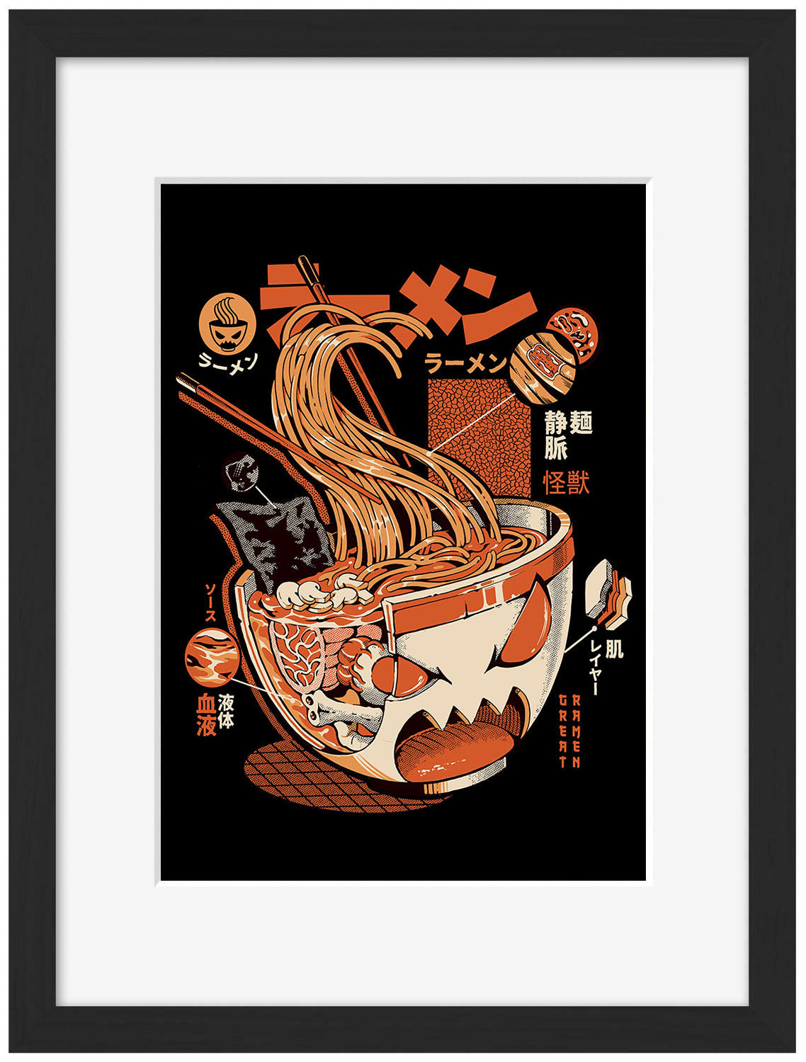 X-Ray Great Ramen - Black-illustrata, print-Framed Print-30 x 40 cm-BLUE SHAKER