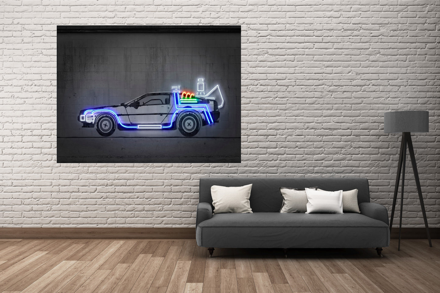 DeLorean-alt, neon-art, print-BLUE SHAKER