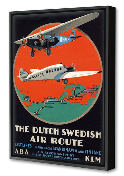 Dutch Swedish Air Route-airlines, print-Canvas Print with Box Frame-40 x 60 cm-BLUE SHAKER