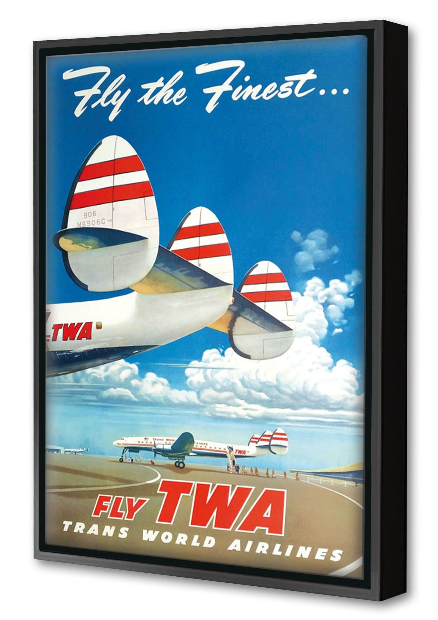 Fly TWA-airlines, print-Canvas Print with Box Frame-40 x 60 cm-BLUE SHAKER