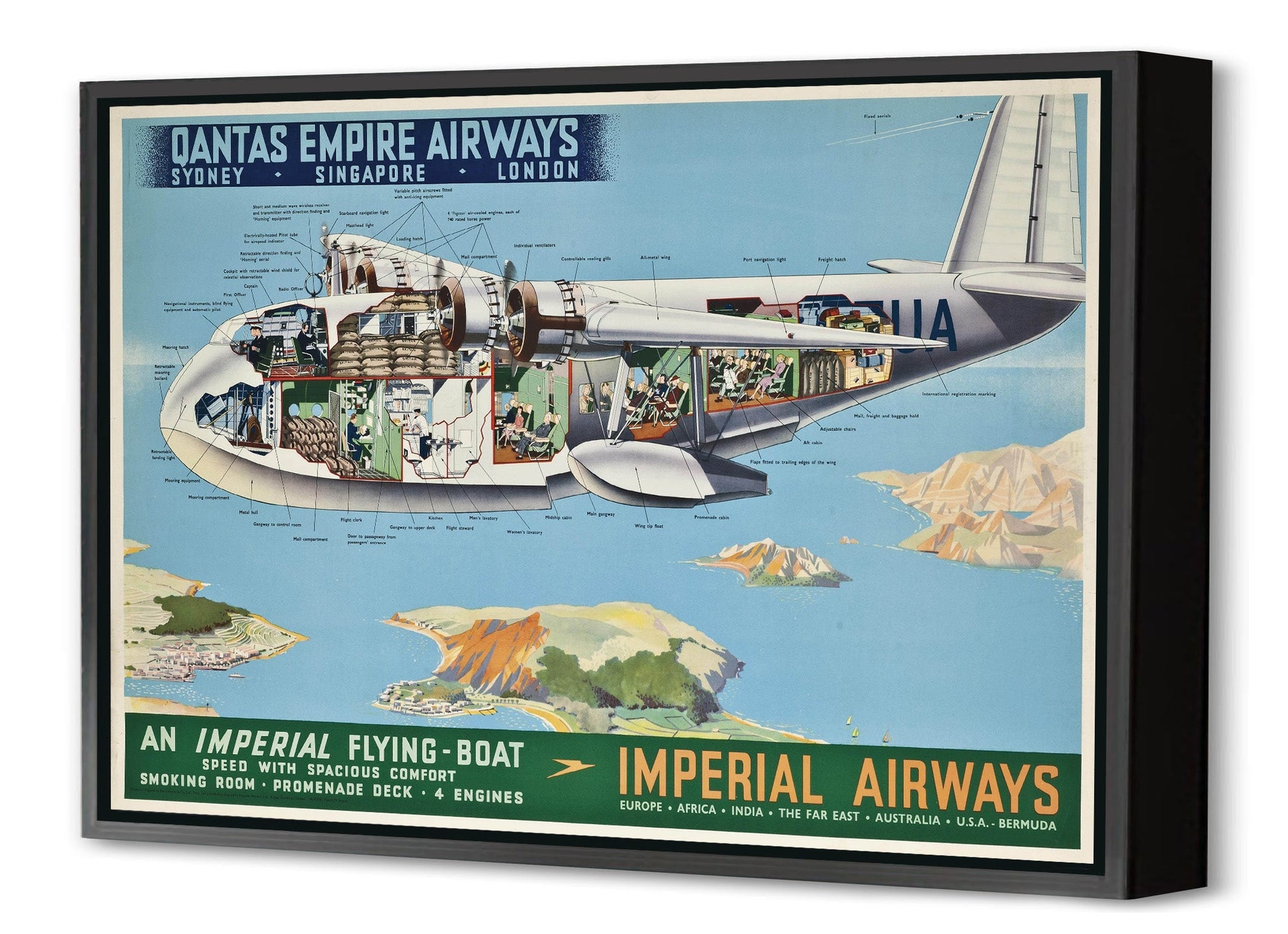 Imperial Airways Flying Boat-airlines, print-Canvas Print with Box Frame-40 x 60 cm-BLUE SHAKER