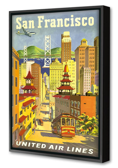 San Francisco United Airlines-airlines, print-Canvas Print with Box Frame-40 x 60 cm-BLUE SHAKER