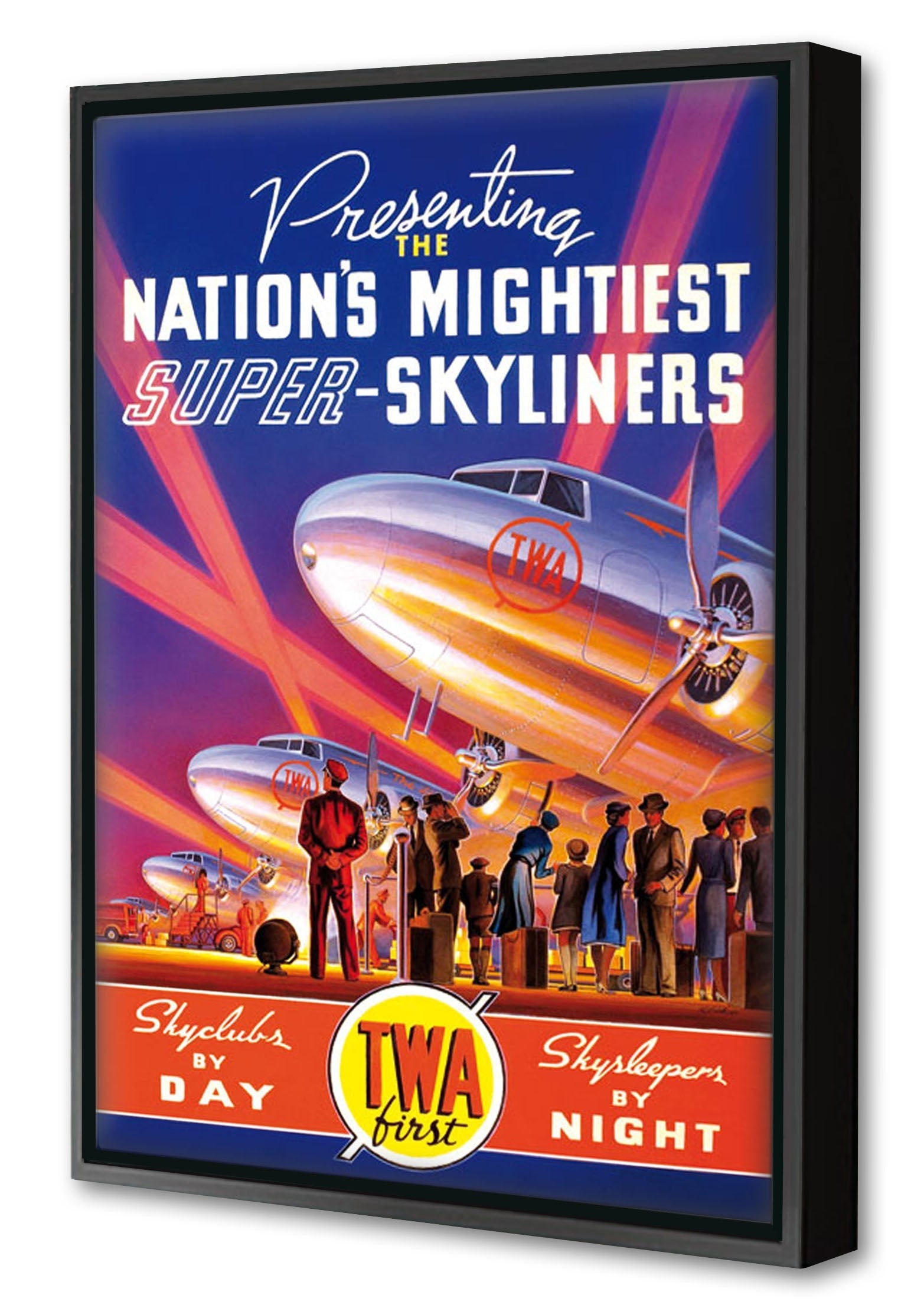 TWA Skyliners-airlines, print-Canvas Print with Box Frame-40 x 60 cm-BLUE SHAKER