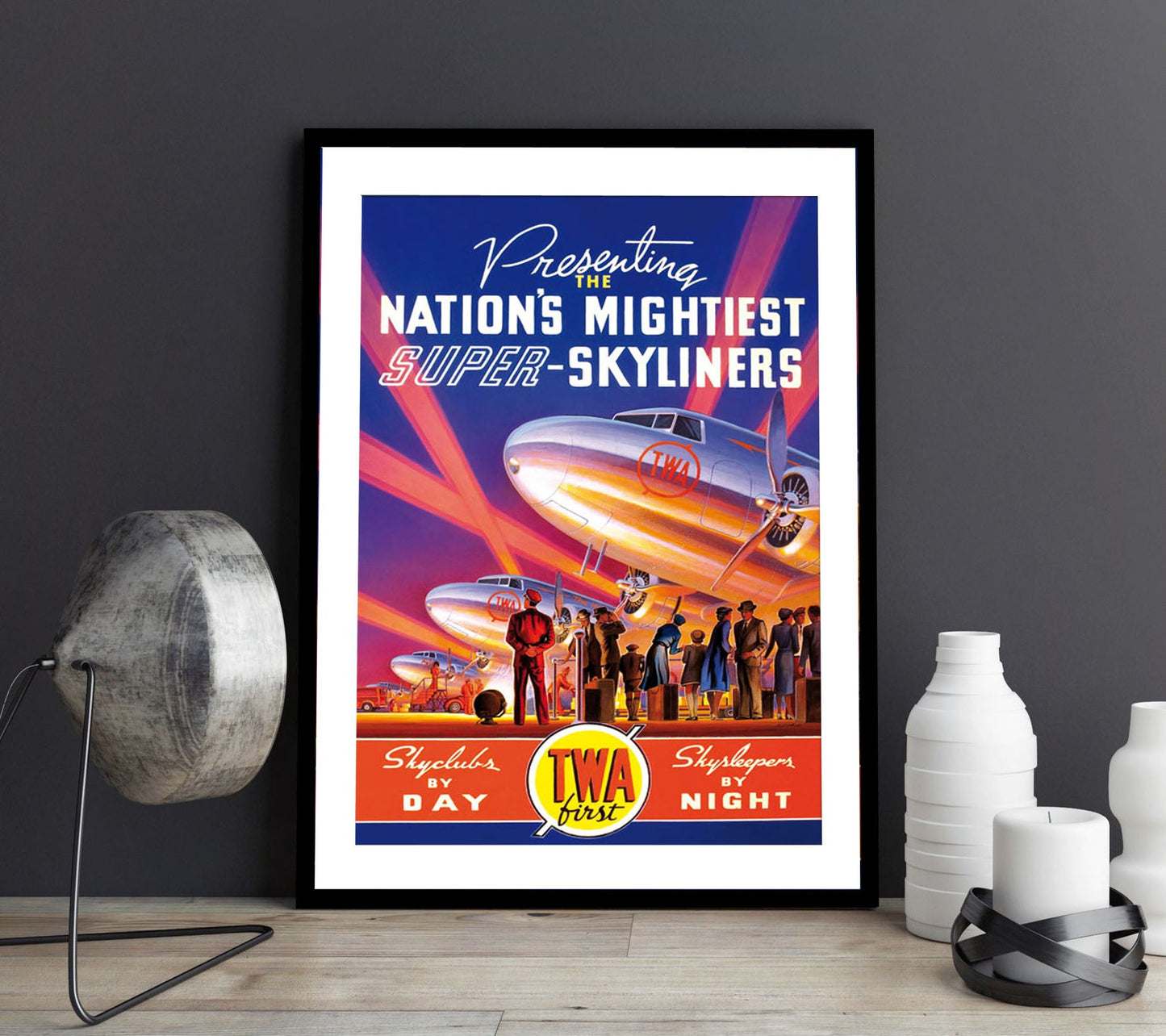 TWA Skyliners-airlines, print-Framed Print-30 x 40 cm-BLUE SHAKER