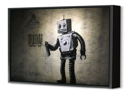 Bar Code Robot-banksy, print-Canvas Print with Box Frame-40 x 60 cm-BLUE SHAKER