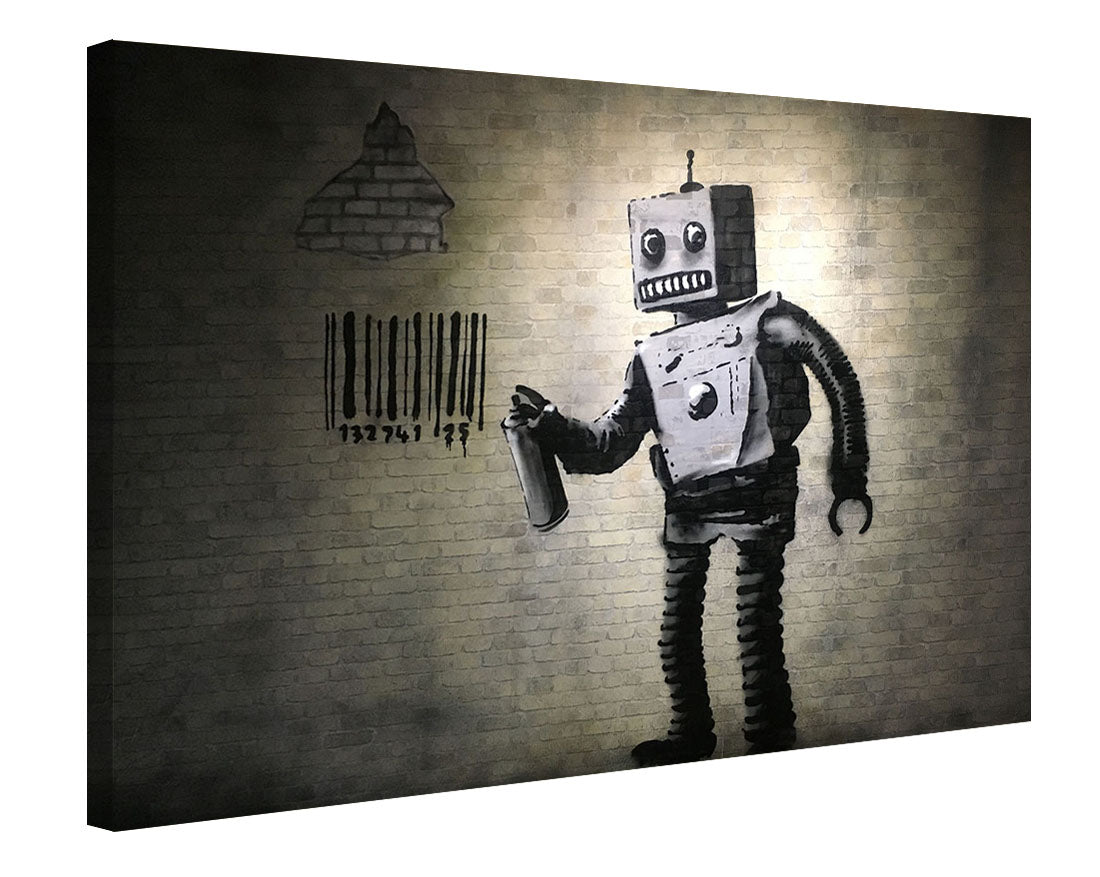 Bar Code Robot-banksy, print-Canvas Print - 20 mm Frame-50 x 75 cm-BLUE SHAKER