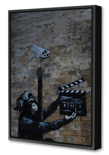 CCTV Monkey-banksy, print-Canvas Print with Box Frame-40 x 60 cm-BLUE SHAKER