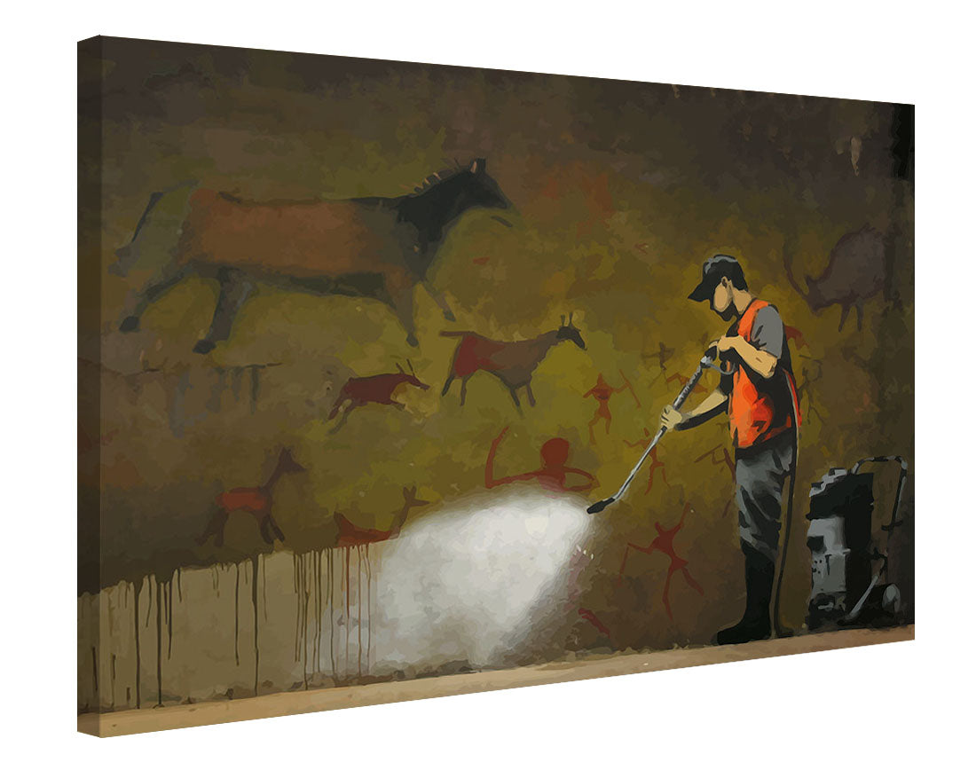 Cave Painting Removal-banksy, print-Canvas Print - 20 mm Frame-50 x 75 cm-BLUE SHAKER
