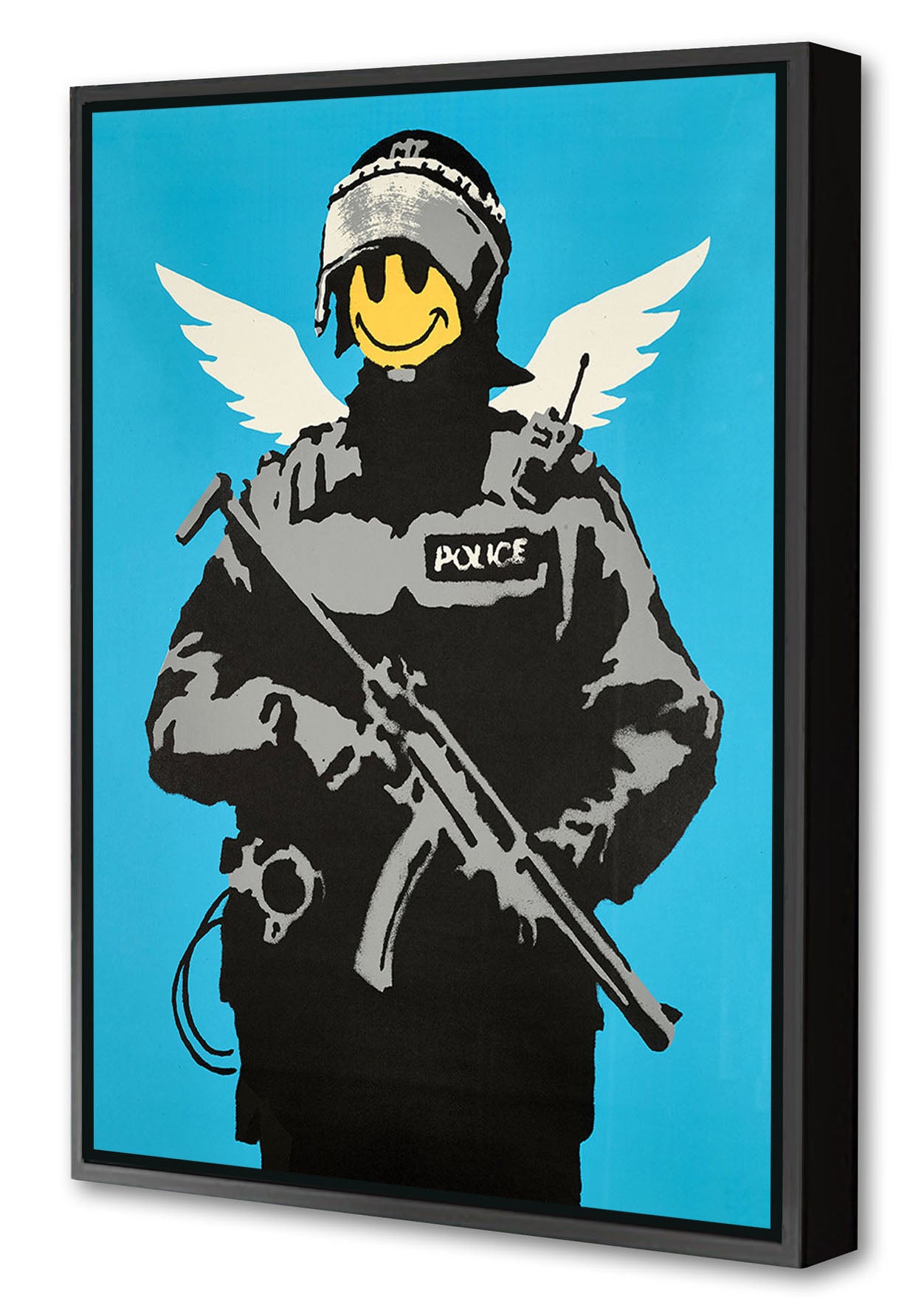 Flying Copper-banksy, print-Canvas Print with Box Frame-40 x 60 cm-BLUE SHAKER
