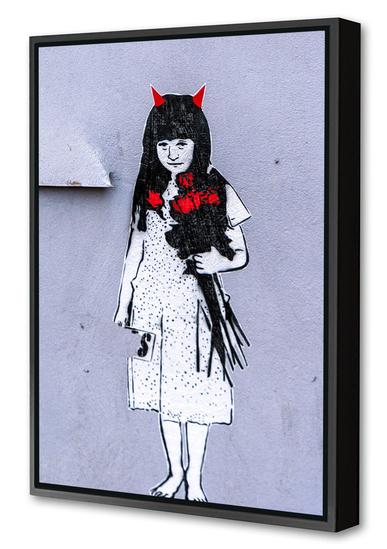 Girl with red horns-banksy, print-Canvas Print with Box Frame-40 x 60 cm-BLUE SHAKER