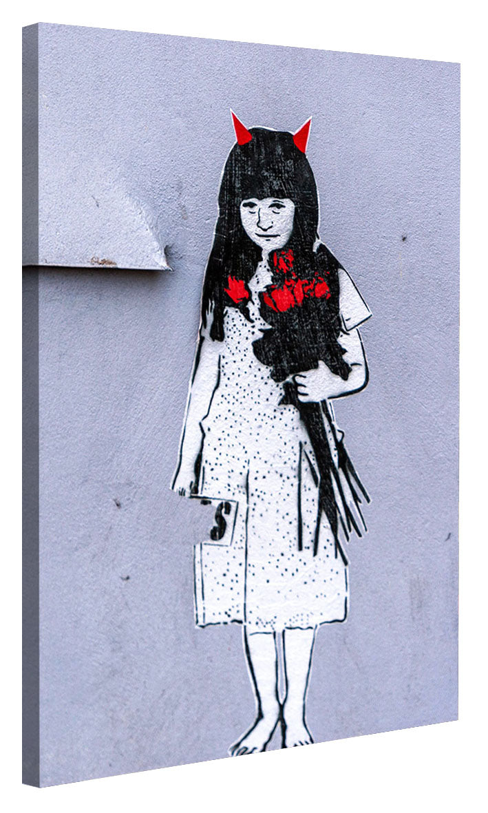Girl with red horns-banksy, print-Canvas Print - 20 mm Frame-50 x 75 cm-BLUE SHAKER