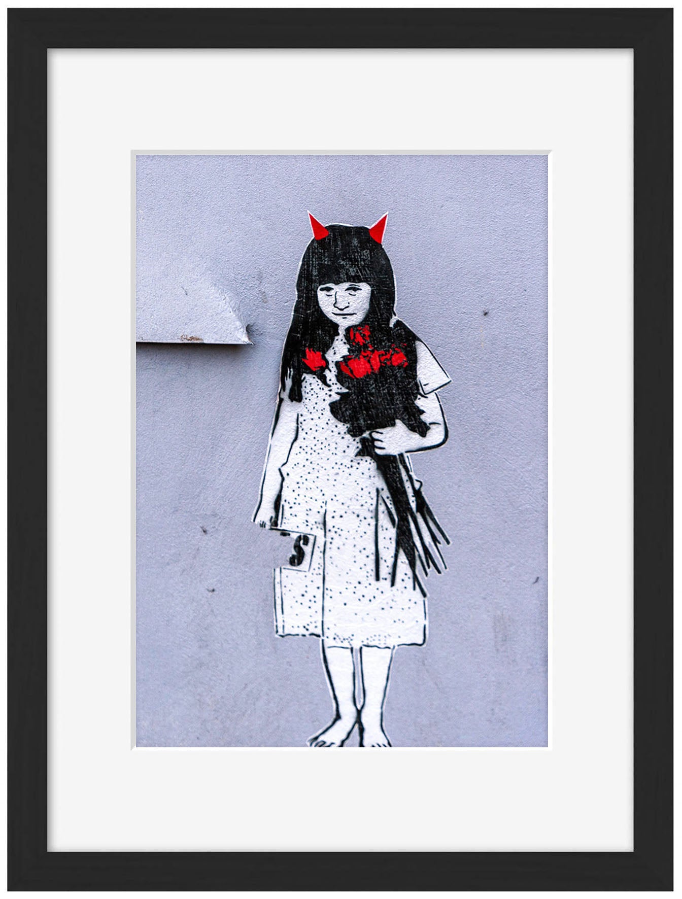 Girl with red horns-banksy, print-Framed Print-30 x 40 cm-BLUE SHAKER
