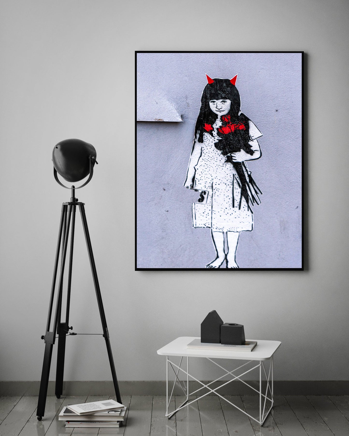 Girl with red horns-banksy, print-BLUE SHAKER