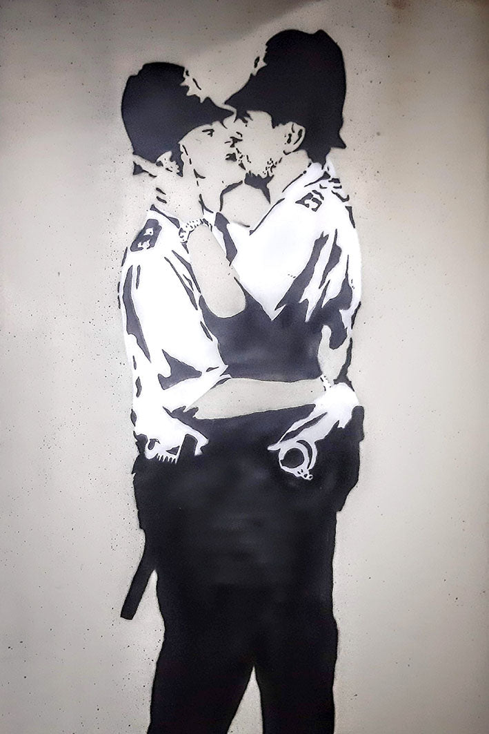Kissing Coppers-banksy, print-Canvas Print with Box Frame-40 x 60 cm-BLUE SHAKER