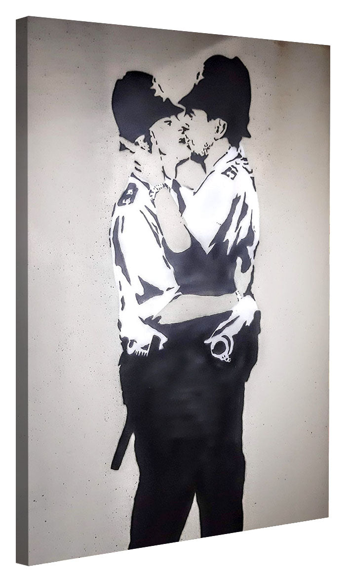 Kissing Coppers-banksy, print-Canvas Print - 20 mm Frame-50 x 75 cm-BLUE SHAKER