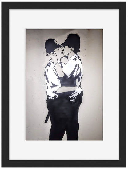 Kissing Coppers-banksy, print-Framed Print-30 x 40 cm-BLUE SHAKER