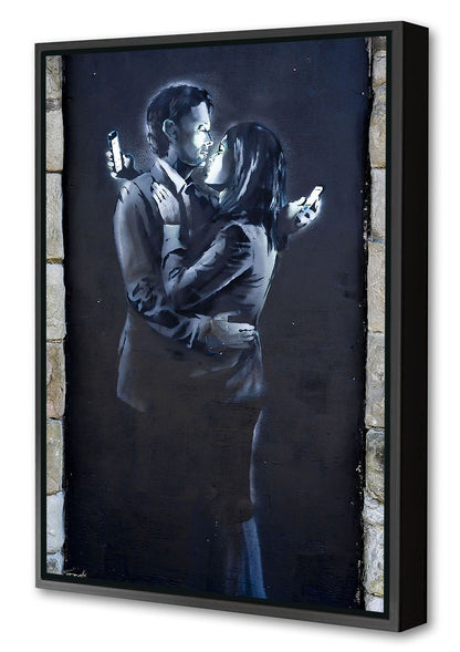 Mobile Lovers-banksy, print-Canvas Print with Box Frame-40 x 60 cm-BLUE SHAKER