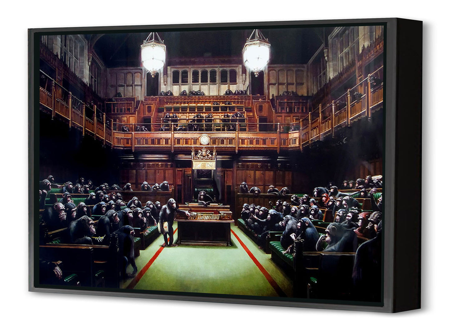 Monkey Parliament-banksy, print-Canvas Print with Box Frame-40 x 60 cm-BLUE SHAKER