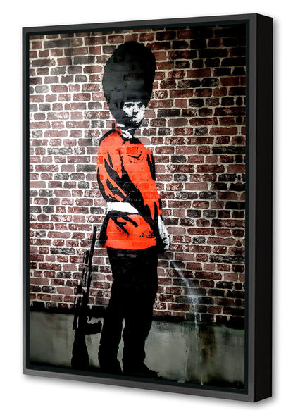 Queen’s Guard Pissing-banksy, print-Canvas Print with Box Frame-40 x 60 cm-BLUE SHAKER