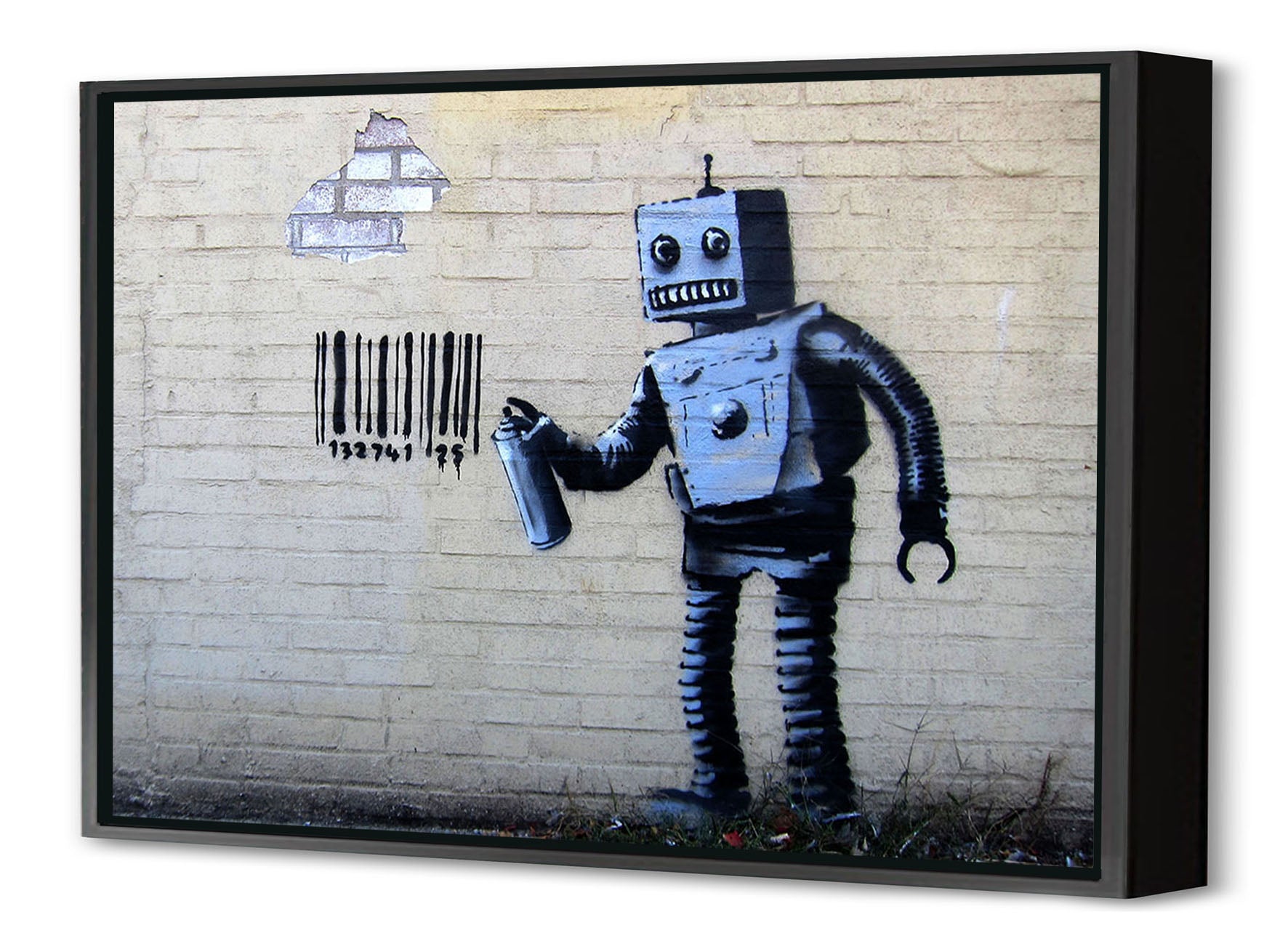 Robot and Barcode-banksy, print-Canvas Print with Box Frame-40 x 60 cm-BLUE SHAKER