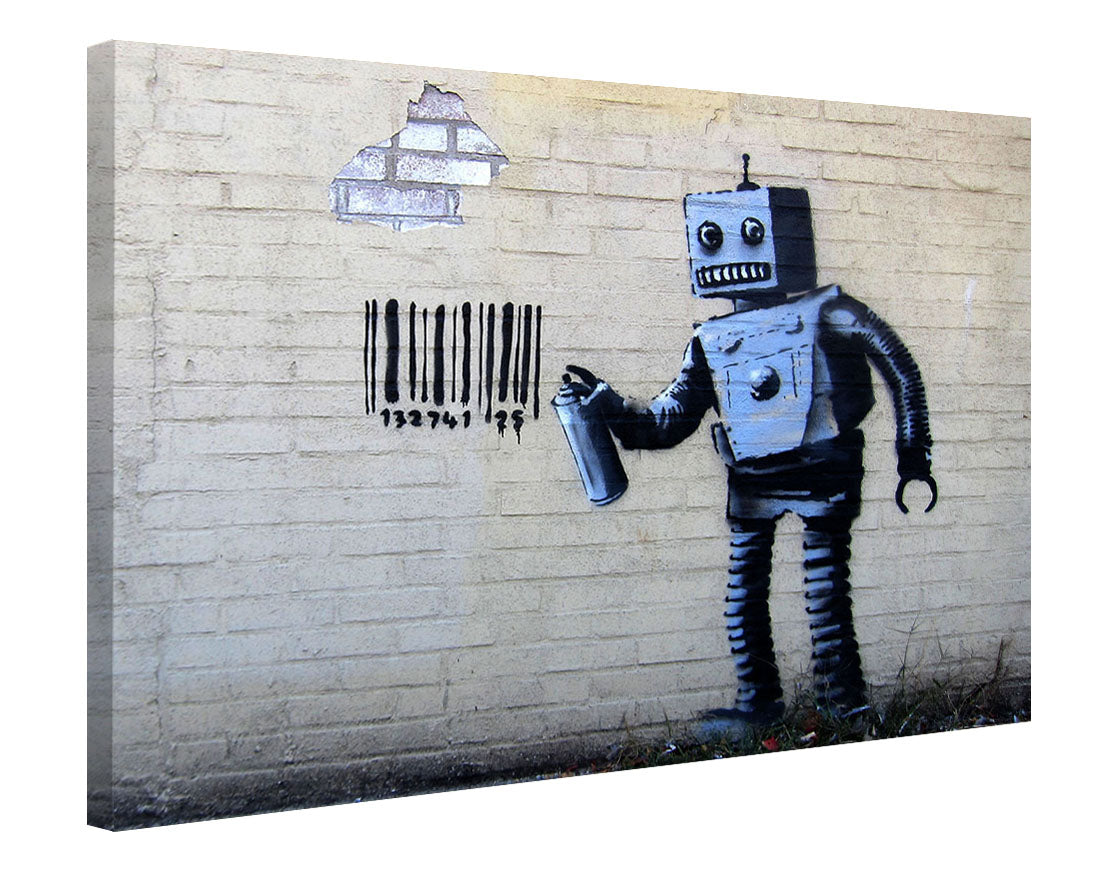 Robot and Barcode-banksy, print-Canvas Print - 20 mm Frame-50 x 75 cm-BLUE SHAKER