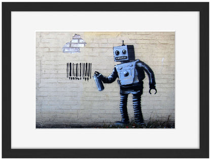 Robot and Barcode-banksy, print-Framed Print-30 x 40 cm-BLUE SHAKER