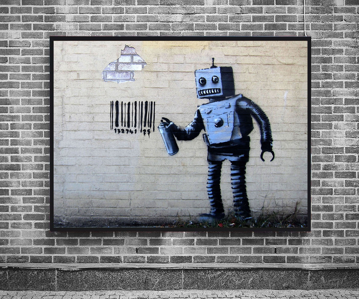 Robot and Barcode-banksy, print-BLUE SHAKER