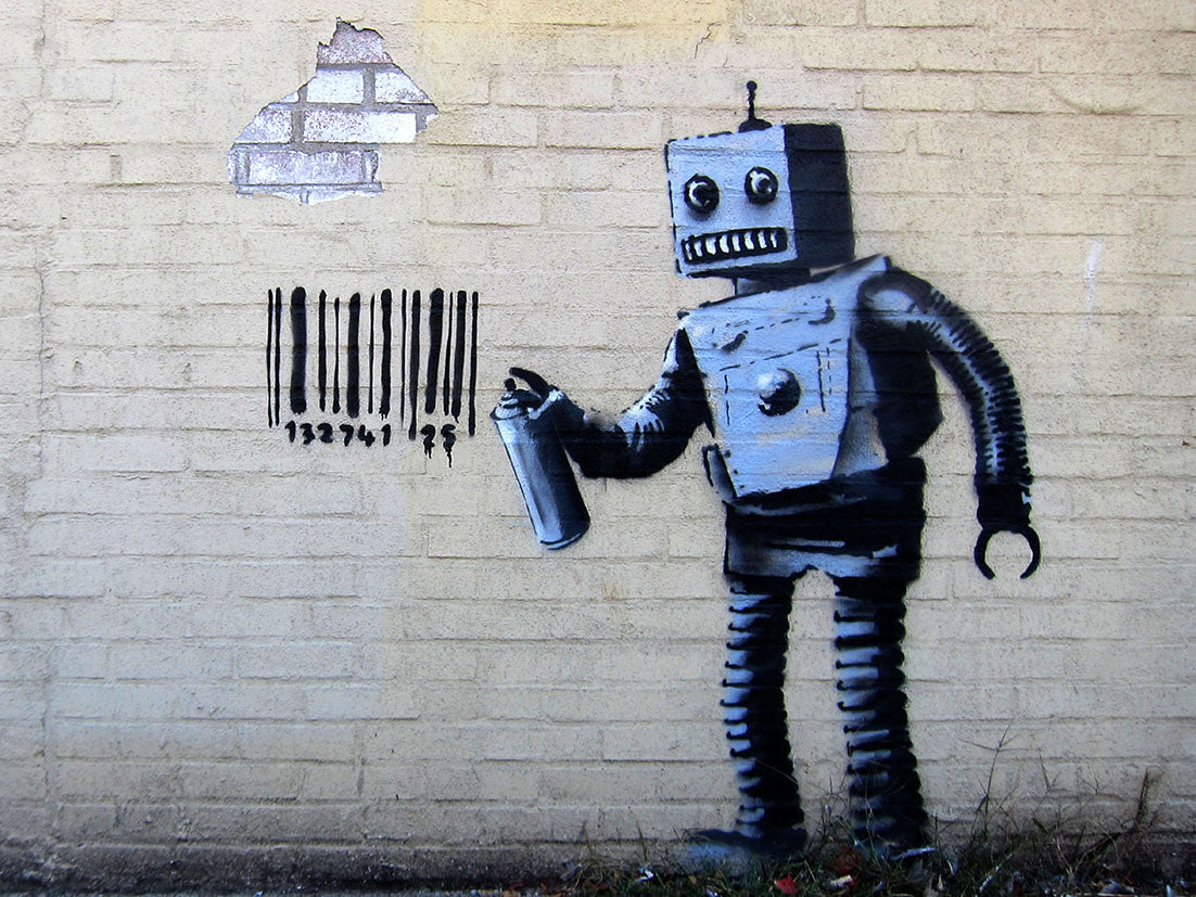 Robot and Barcode-banksy, print-Print-30 x 40 cm-BLUE SHAKER