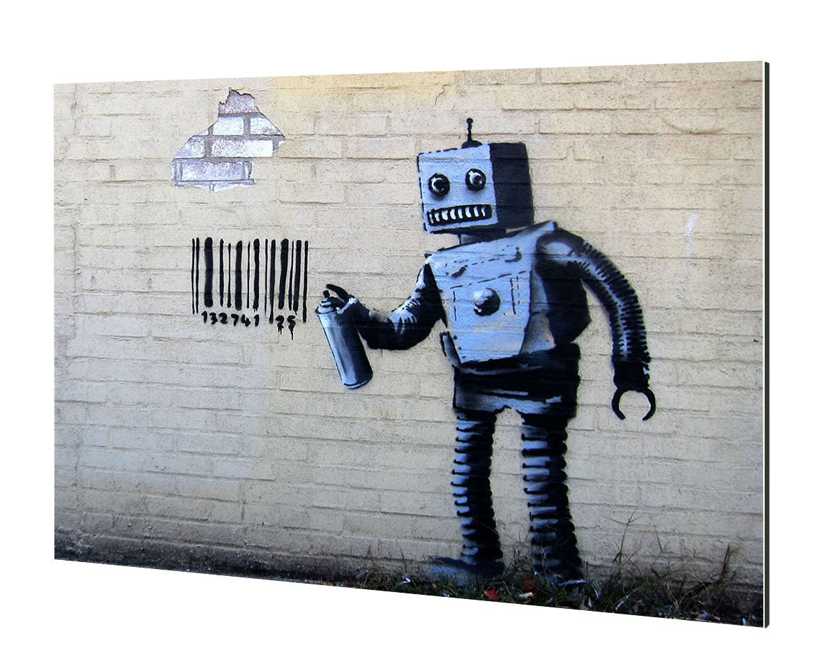 Robot and Barcode-banksy, print-Alu Dibond 3mm-40 x 60 cm-BLUE SHAKER