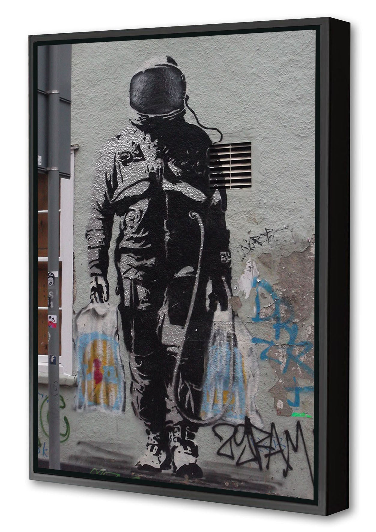 Shopping Astronaut-banksy, print-Canvas Print with Box Frame-40 x 60 cm-BLUE SHAKER