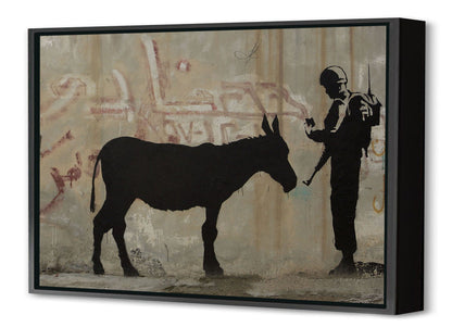 Soldier with Donkey-banksy, print-Canvas Print with Box Frame-40 x 60 cm-BLUE SHAKER