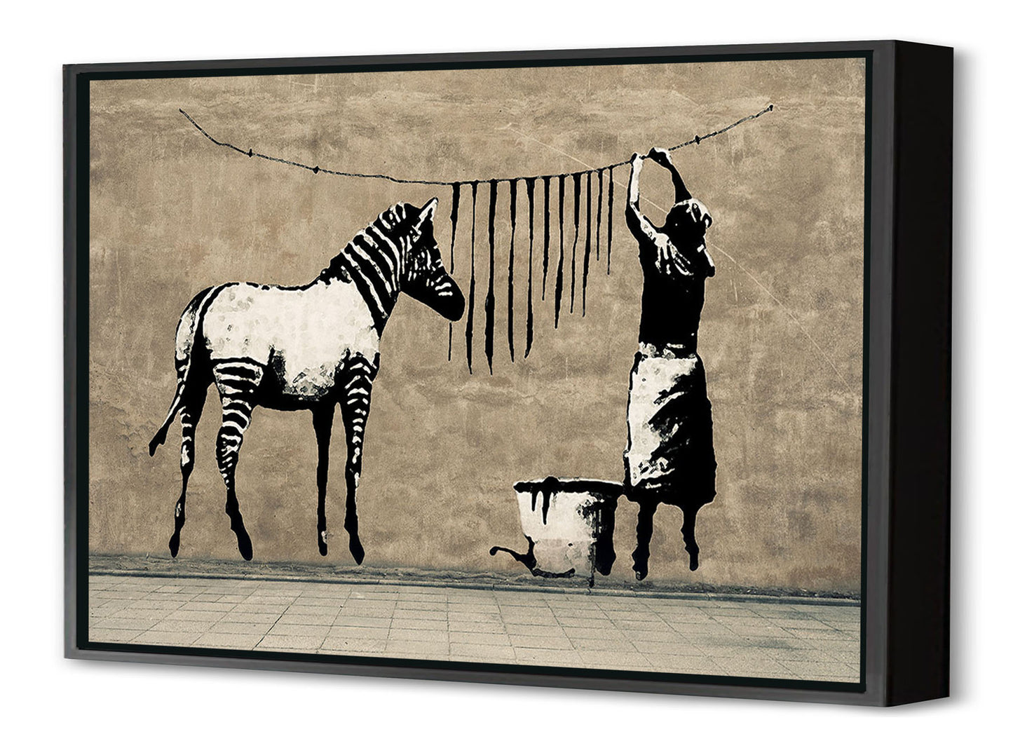 Washing Zebra-banksy, print-Canvas Print with Box Frame-40 x 60 cm-BLUE SHAKER