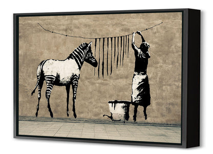 Washing Zebra-banksy, print-Canvas Print with Box Frame-40 x 60 cm-BLUE SHAKER