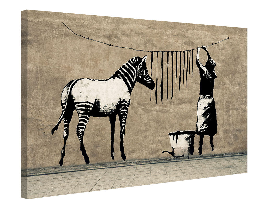 Washing Zebra-banksy, print-Canvas Print - 20 mm Frame-50 x 75 cm-BLUE SHAKER
