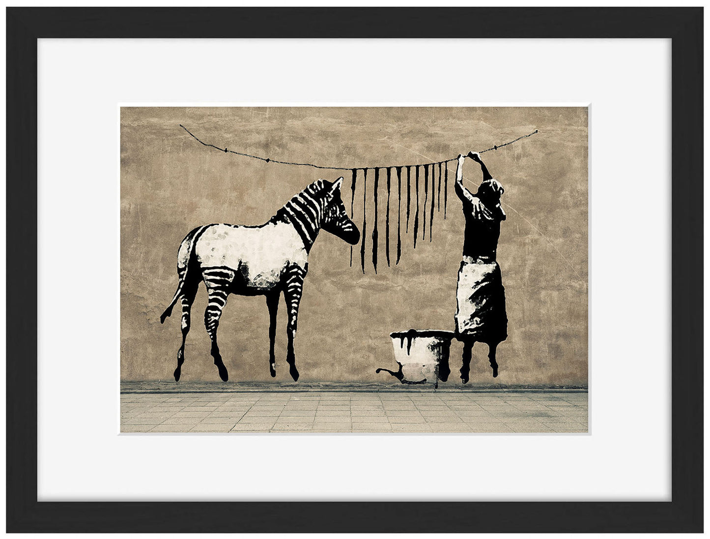 Washing Zebra-banksy, print-Framed Print-30 x 40 cm-BLUE SHAKER
